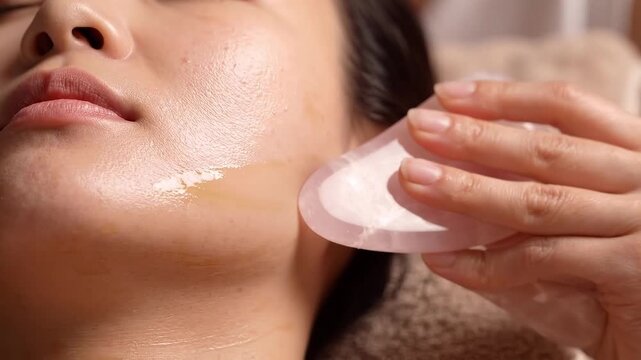 Close-up facial massage with a pink gua sha tool along the cheek and jaw. Skincare routine and beauty treatment. Facial wellness and self care. Spa therapy.