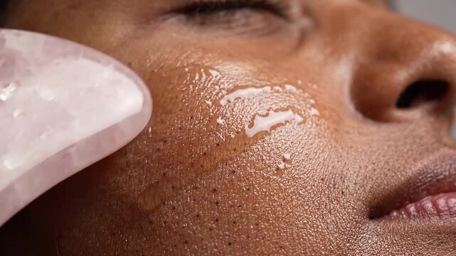 Close-up of facial gua sha massage with rose quartz tool gliding over serum-coated cheek. Skincare routine. Facial massage and beauty care. Wellness treatment. Holistic skincare.