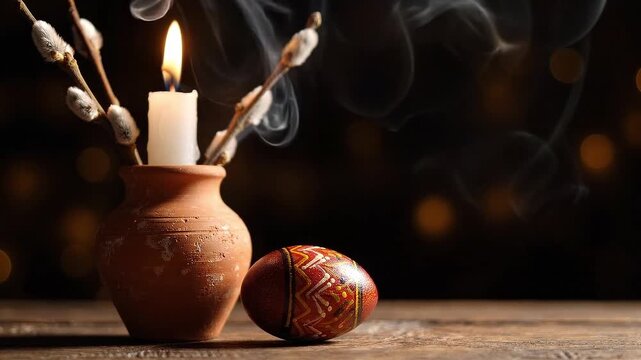 Decorated Easter egg beside a burning candle and pussy willow branches in a clay vase, with smoke drifting upward. Easter holiday still life. Springtime celebration.