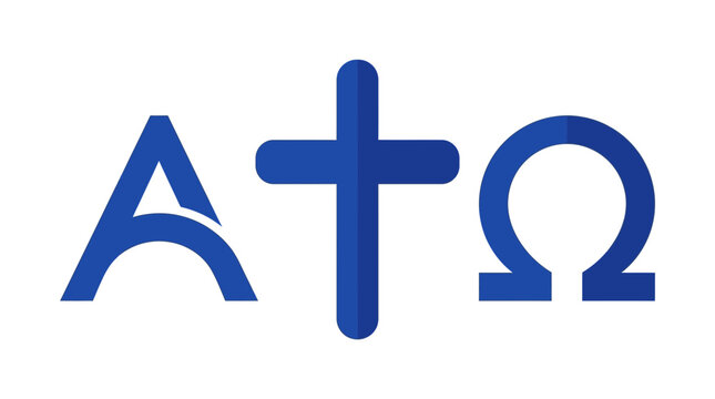 Blue Christian Alpha and Omega Symbols with a Central Religious Cross in a Flat Vector Design, Representing God as the Beginning and the End for Spiritual and Church Themes
