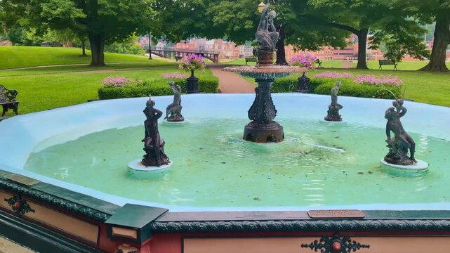 Fountain sculptures decorate Grant Park in the city of Galena Illinois