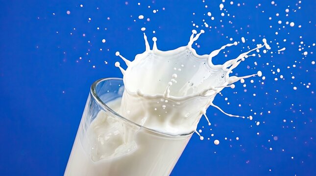 Refreshing glass of milk with a dynamic splash on blue background