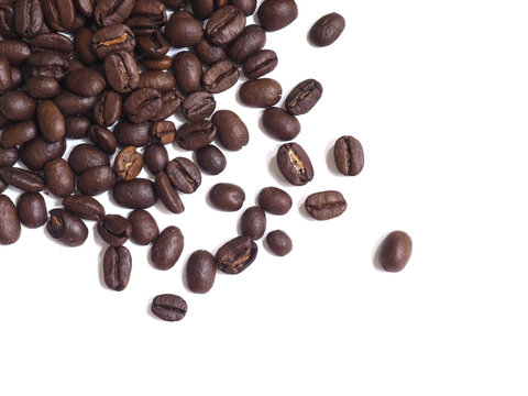 Roasted Coffee Beans Corner Border with Scattered Beans on White