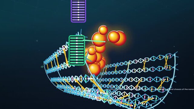 3D animation of a DNA nanorobot mechanism delivering a therapeutic payload, showing molecular logic, dual-receptor docking, and conformational snap for targeted drug delivery