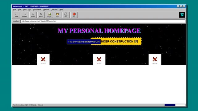 Procedural 4K motion graphics of a classic 90s web browser loading an early HTML page with a starry background, broken images, and dial-up connection progress.