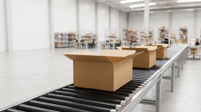 Open cardboard boxes moving on roller conveyor belt in bright fulfillment warehouse