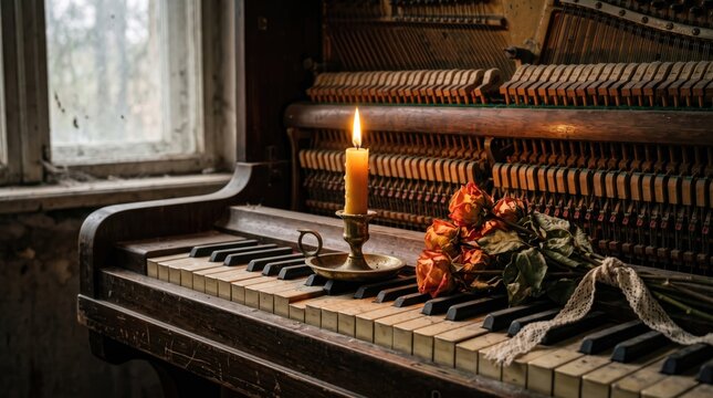 Antique upright piano with lit candle and vintage roses dried roses piano keys