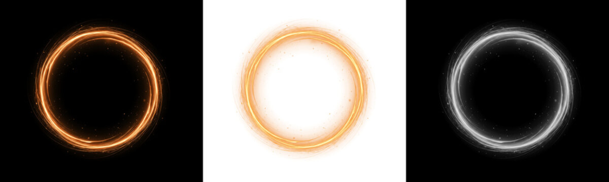 Glowing magical circle of light effects, golden and white rings isolated on transparent background