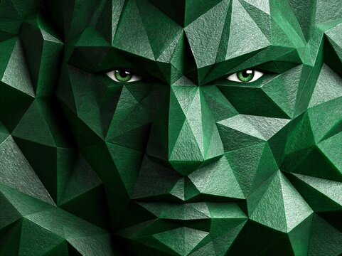 Faces shaped in green geometric patterns show detailed features and eyes