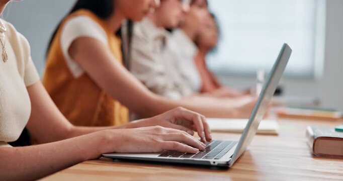 Students, classroom and girl with laptop, notebook and typing for study notes in lecture. University, hands and people with books, tech and computer for education, learning or lesson for assignment