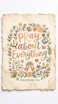 Cute whimsical Christian illustration on textured vintage paper, hand-lettered phrase &ldquo;PRAY ABOUT EVERYTHING&rdquo; with &ldquo;Philippians 4:6&rdquo;, illustrated prayer hands, tiny envelopes, flowers, hearts, stars, 
