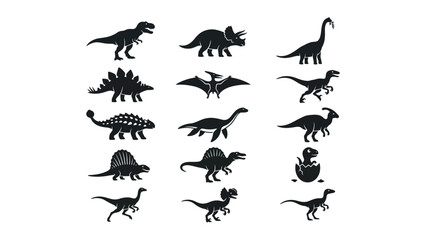 Collection of various dinosaur silhouettes isolated on white background with t rex dinosaur silhouette prehistoric creature paleontology © Ms Fateha Akter