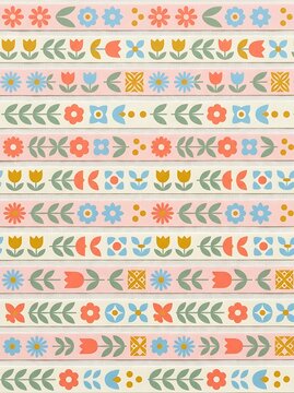 Seamless pattern featuring colorful folk art style flowers and leaves arranged in horizontal rows on light background