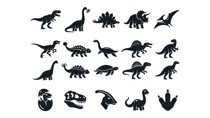Collection of various dinosaur silhouettes and icons with t rex dinosaur silhouette prehistoric creature paleontology jurassic wildlife © Ms Fateha Akter