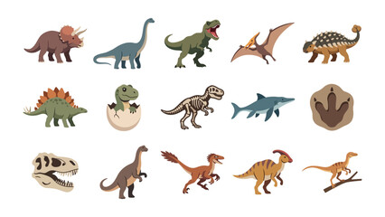 Collection of detailed cartoon dinosaurs and fossils vector graphic elements isolated on white background with dinosaur dinosaurs collection © Ms Fateha Akter