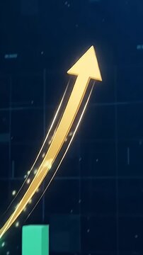 Glowing neon financial arrow growth chart rising for business success and stock market concept background.