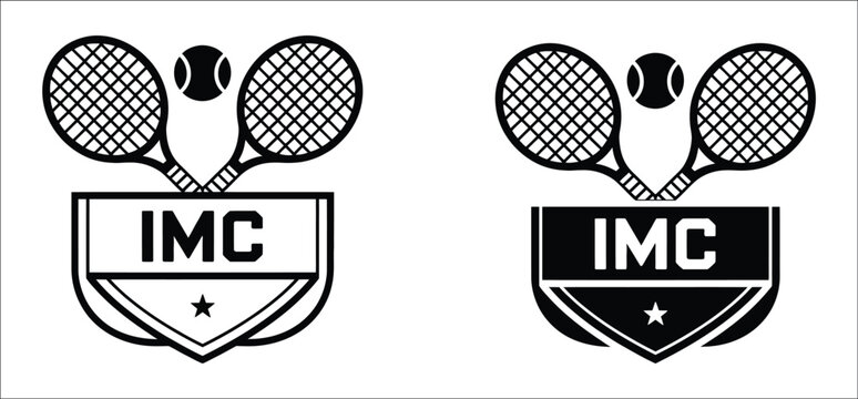 Vintage tennis logo, crossed rackets and tennis ball, retro sports crest with shield and IMC lettering, black and white athletic vector emblem