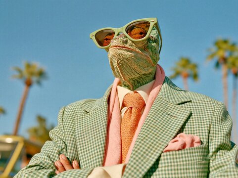 Lizard wearing sunglasses and a suit standing under palm trees on a tropical background