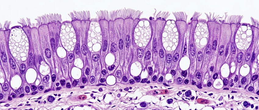 Microscopic view of pseudostratified ciliated columnar epithelium with goblet cells illustrative of respiratory tract histology