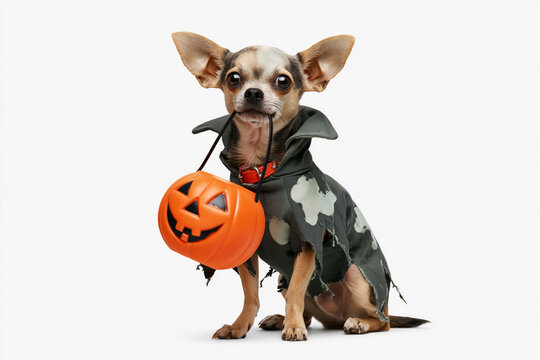 Chihuahua wearing tattered zombie costume carrying jack-o-lantern basket in mouth