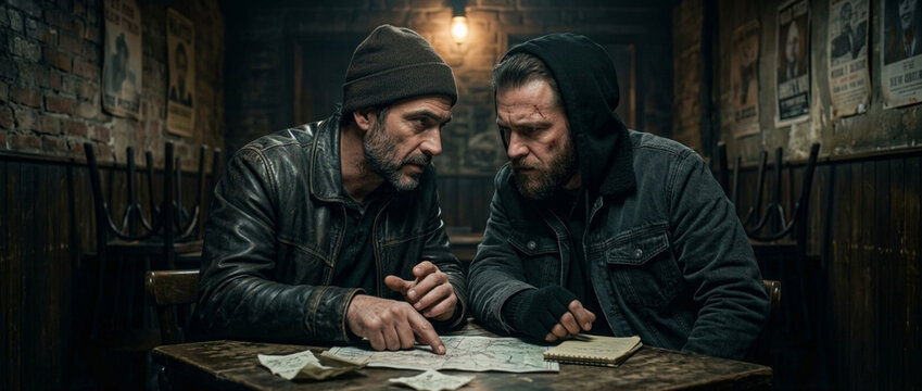 Two rugged men studying a map on a table in a dimly lit gritty room planning their next move