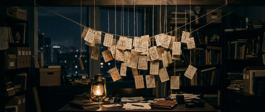 Vintage Detectives Office at Night Clues Hanging Lantern Glow City View
