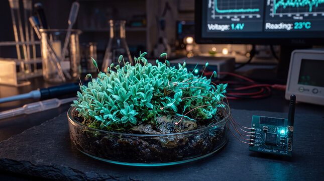 Bioluminescent moss in petri dish wired to iot sensor circuit in laboratory