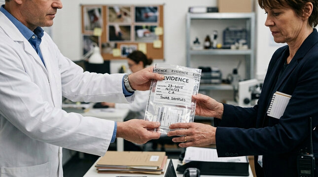Forensic scientist hands evidence bag to detective in lab crime scene investigation scientific analysis