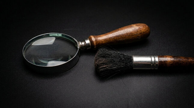 Forensic Tools Magnifying Glass and Dusting Brush on Dark Background Investigation Evidence Detective Concept