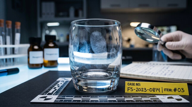 Forensics expert examining fingerprints on a glass at a crime scene evidence collection in a lab