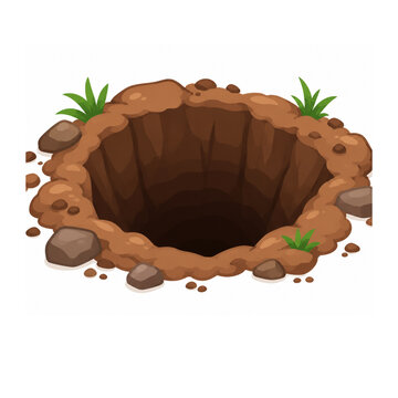 Cartoon-style illustration of a deep, round hole dug into the ground, isolated on a white background. The hole has layered brown earth walls that darken toward the bottom, with a raised, uneven rim of