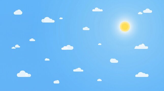 Clear bright blue summer sky with scattered small clouds and warm sunlight in a simple minimalist vector composition.