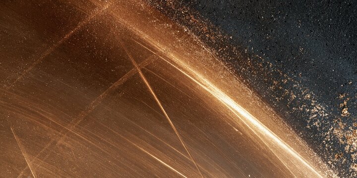Abstract bronze metallic surface with diagonal light streaks and scattered golden particles on dark textured background