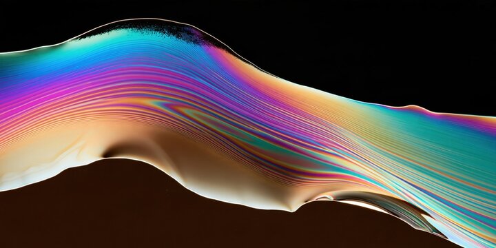 Iridescent wave pattern with flowing rainbow colors over dark background, abstract fluid design with thin layered lines and glossy texture