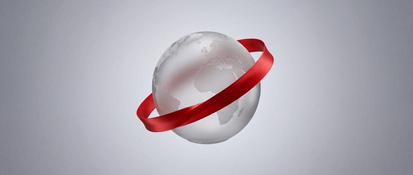 Silver globe encircled by a vibrant red awareness ribbon representing global health unity and solidarity against disease on a minimalist grey background