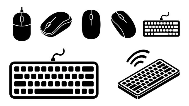 Computer hardware line icon set featuring mouse, keyboard, and click controls