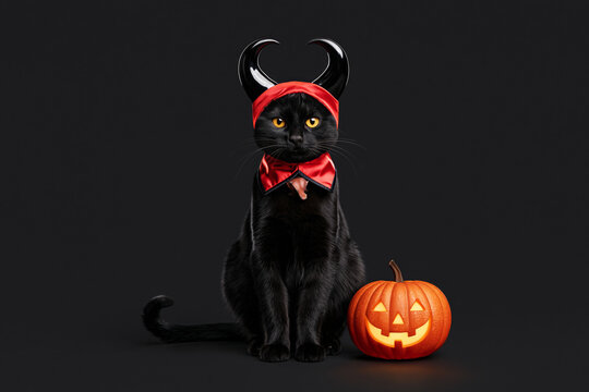 Black cat wearing red devil horns and bow beside carved pumpkin