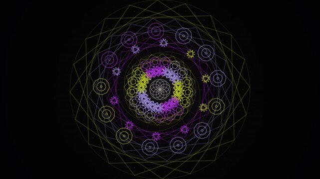 An intricate and colorful geometric mandala pattern featuring nested stars and circles against a dark background.