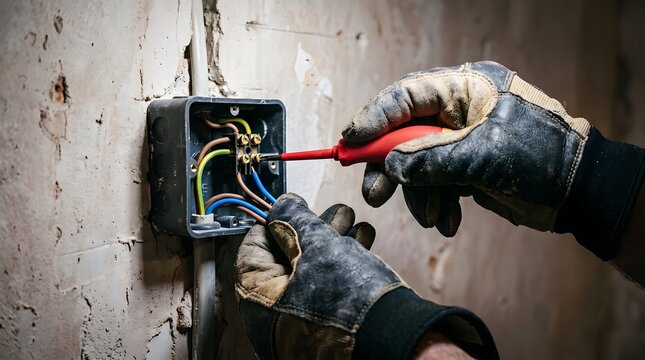 Electrician working on wall junction box