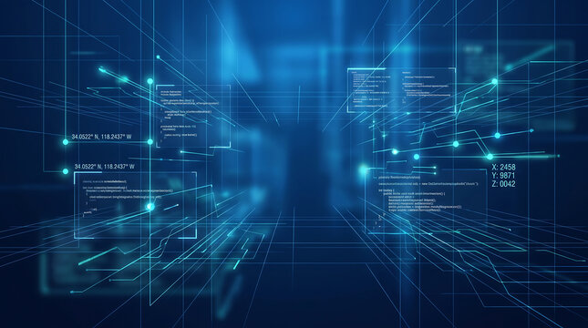 Futuristic Digital Cyberspace Background with Glowing Grid HUD Interface Programming Code and Big Data Network Elements