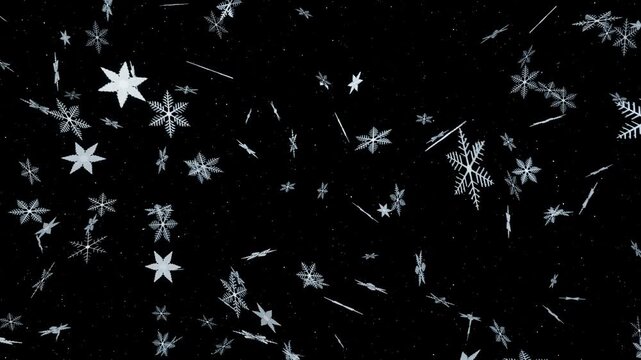 立体感ある多彩な雪の結晶が漆黒空間をゆっくり舞う10秒4Kループ動画。冬の広告やクリスマスイベント、配信背景に最適なシネマティック素材