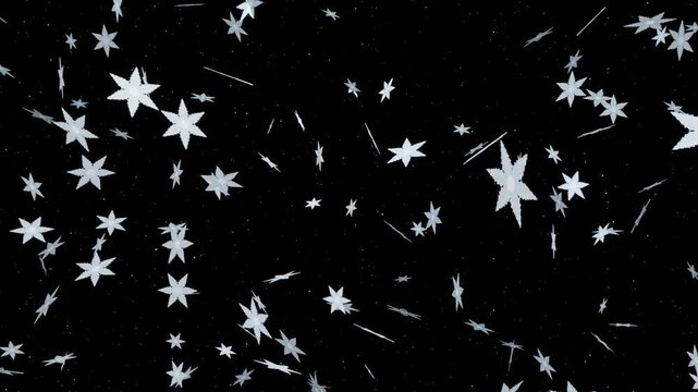 板状形のアイスホワイト雪結晶が漆黒空間を優雅に舞い続ける10秒4Kループ動画。冬のWeb広告やクリスマスイベント演出に最適なシネマティック素材