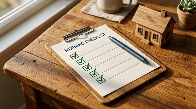 Morning checklist on a wooden desk
