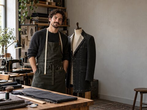Independent Tailor Beside Dress Form in Artisan Tailoring Studio