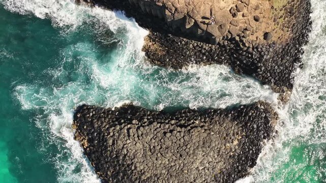 Fingal Head causeway basalt columns from above, aerial drone footage, Tweed Coast, NSW Australia