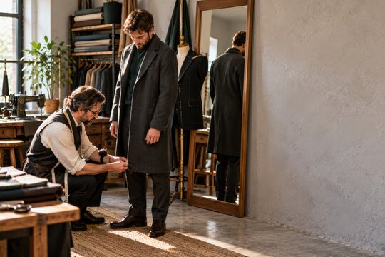 Tailor Adjusting Customer Coat Hem in Independent Alteration Studio
