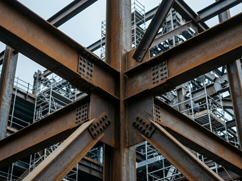 Rusted steel beams framework under construction scaffolding