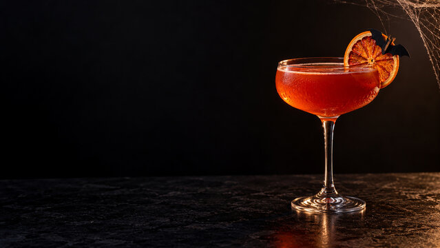 Orange Halloween cocktail in an elegant coupe glass with citrus garnish on a black background, ideal for party menus, bars, seasonal advertising and festive nightlife.