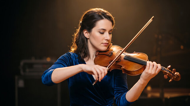 Woman playing violin with bow under warm stage lighting, wearing blue velvet top during a focused musical performance in a concert hall interior