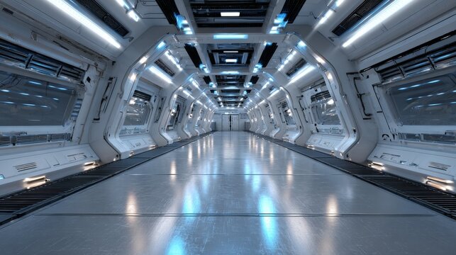 Futuristic science fiction space station corridor with advanced technology, sleek metallic architecture, glowing lights, deep space interior, high tech research facility and starship environment